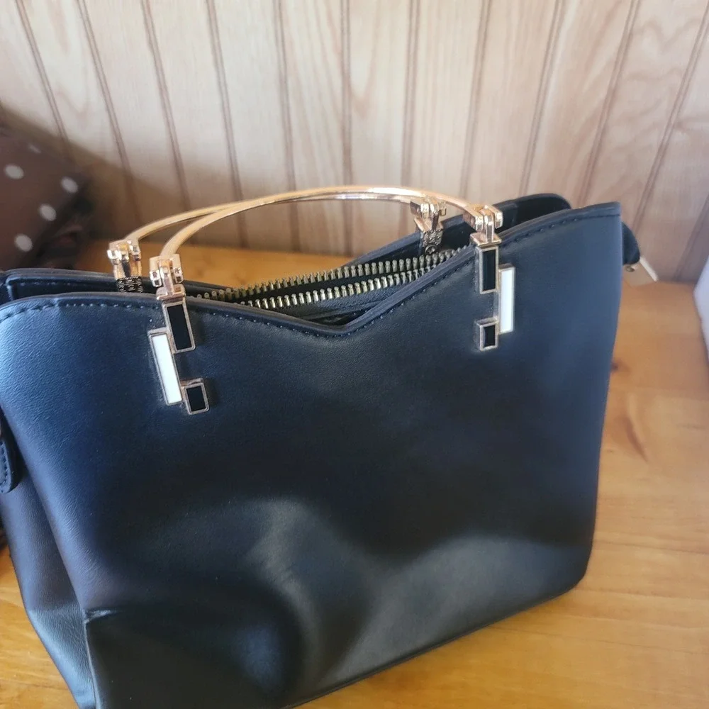 ZZMY Black Top Handle Bag Gold Accent Modern‎ Satchel Crossbody Handbag Women